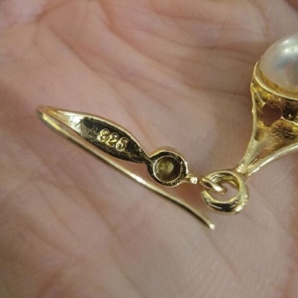 #925Sterling Gold Plated Crystal Accents + Faux Pearl Ear Dangle Drop Earrings - Picture 8 of 8